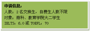 文本框: 申请信息：人数：2名交换生，自费生人数不限对象：商科、教育学院大二学生IELTS：6.0或TOEFL：70